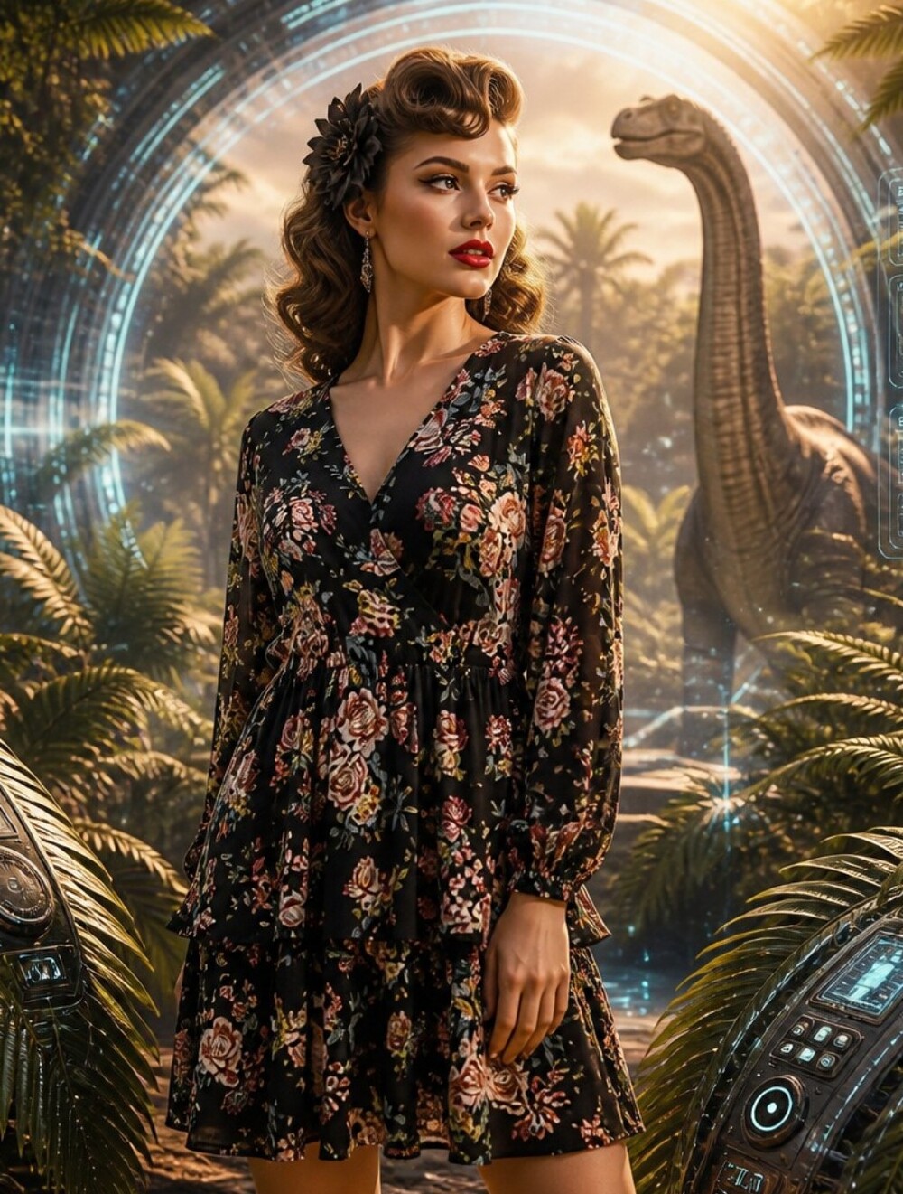 Vanilla Bay Black Floral Long-Sleeve Tiered V-Neck Dress
